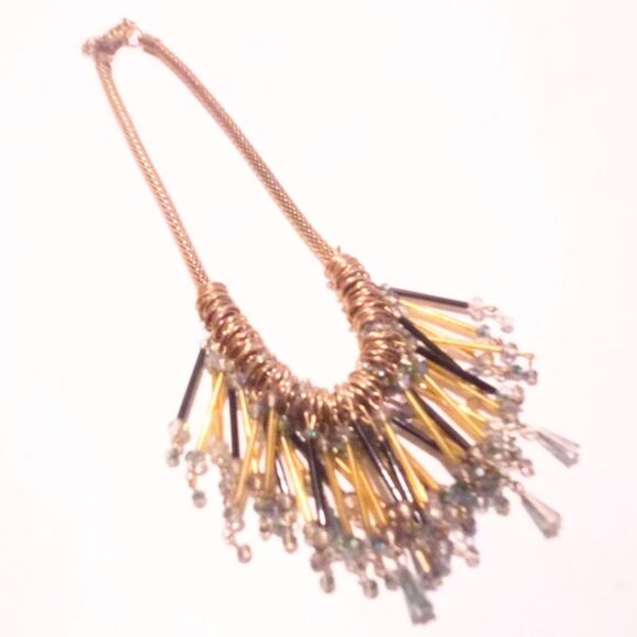 Hera Signed Gold Tone Crystal Tipped Bar Drop Cluster Statement Necklace - Picture 3 of 4